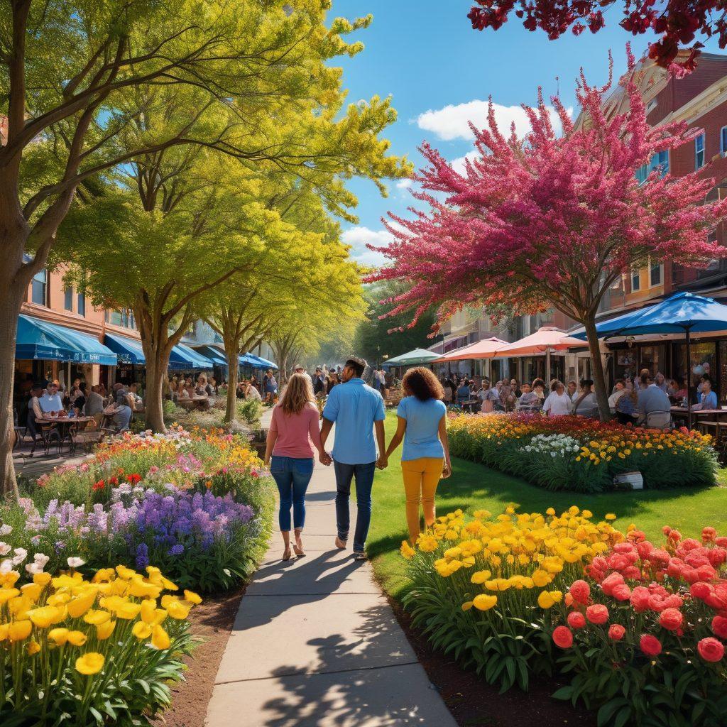 A vibrant neighborhood scene showcasing diverse groups of people sharing moments of love and friendship - couples walking hand in hand, friends laughing over coffee, and families enjoying a picnic in the park. Add colorful flowers blooming in the foreground and birds flying overhead, symbolizing joy and connection. Capture the essence of community and togetherness. super-realistic. vibrant colors. bright blue sky.