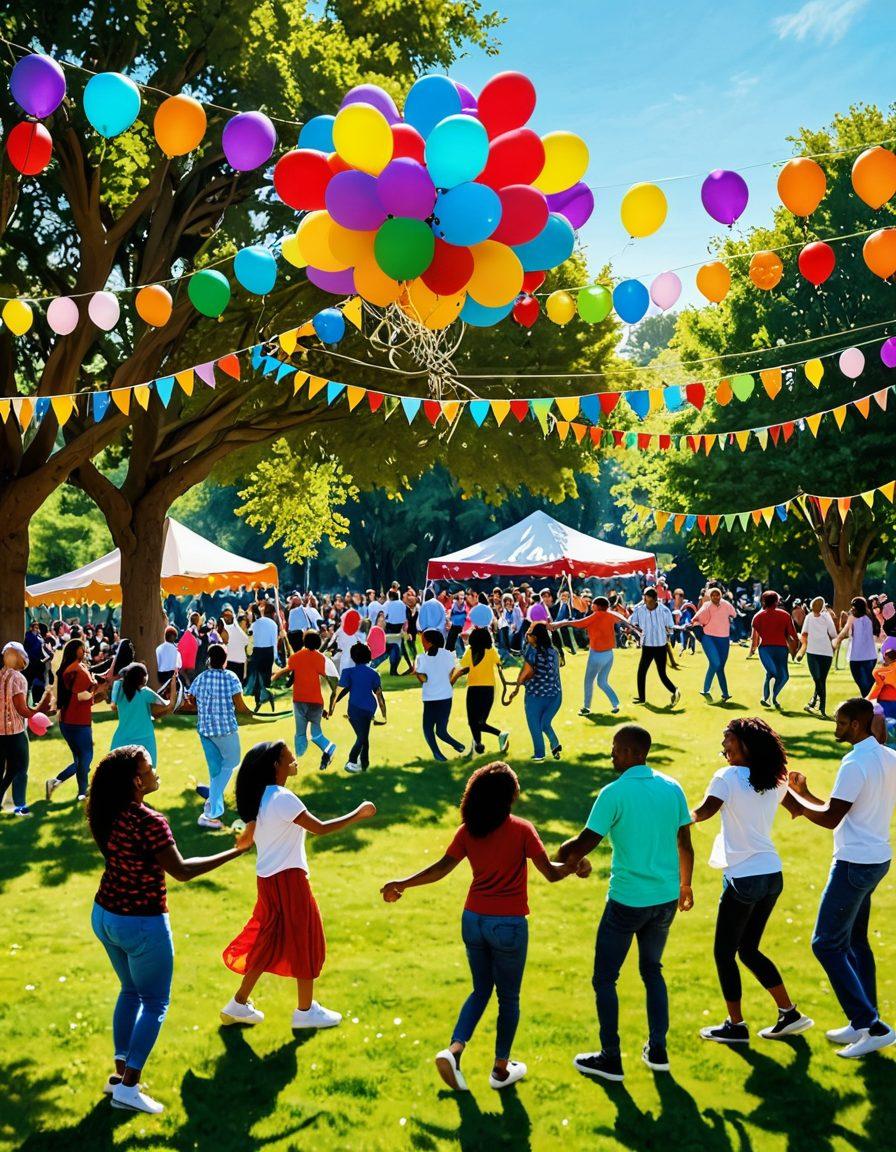 A vibrant scene depicting a diverse group of people joyfully engaging in various celebratory activities, such as dancing, sharing food, and laughing together in a sunny park. The background shows colorful decorations symbolizing unity and connection, with banners and balloons. Diverse cultural elements should be included, showcasing different traditions and festivities. The overall atmosphere should radiate warmth, joy, and togetherness. super-realistic. vibrant colors. sunny background.