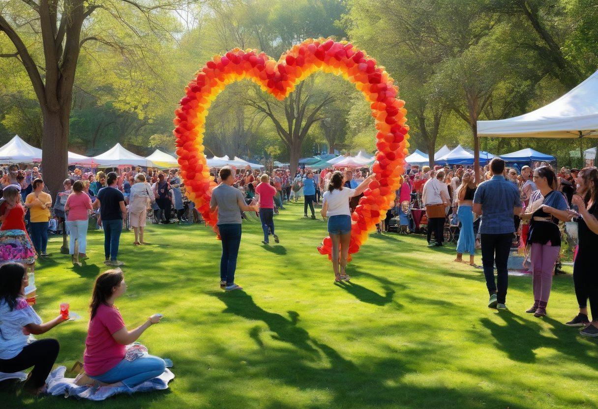 A vibrant community gathering in a park, showcasing diverse people of all ages enjoying various activities like dancing, cooking, and sharing stories. Colorful decorations and local art installations enhance the scene, with hearts and symbols of love creatively integrated into the landscape. Cheerful expressions and warm interactions embody the theme of connection and celebration. super-realistic. vibrant colors. sunny atmosphere.
